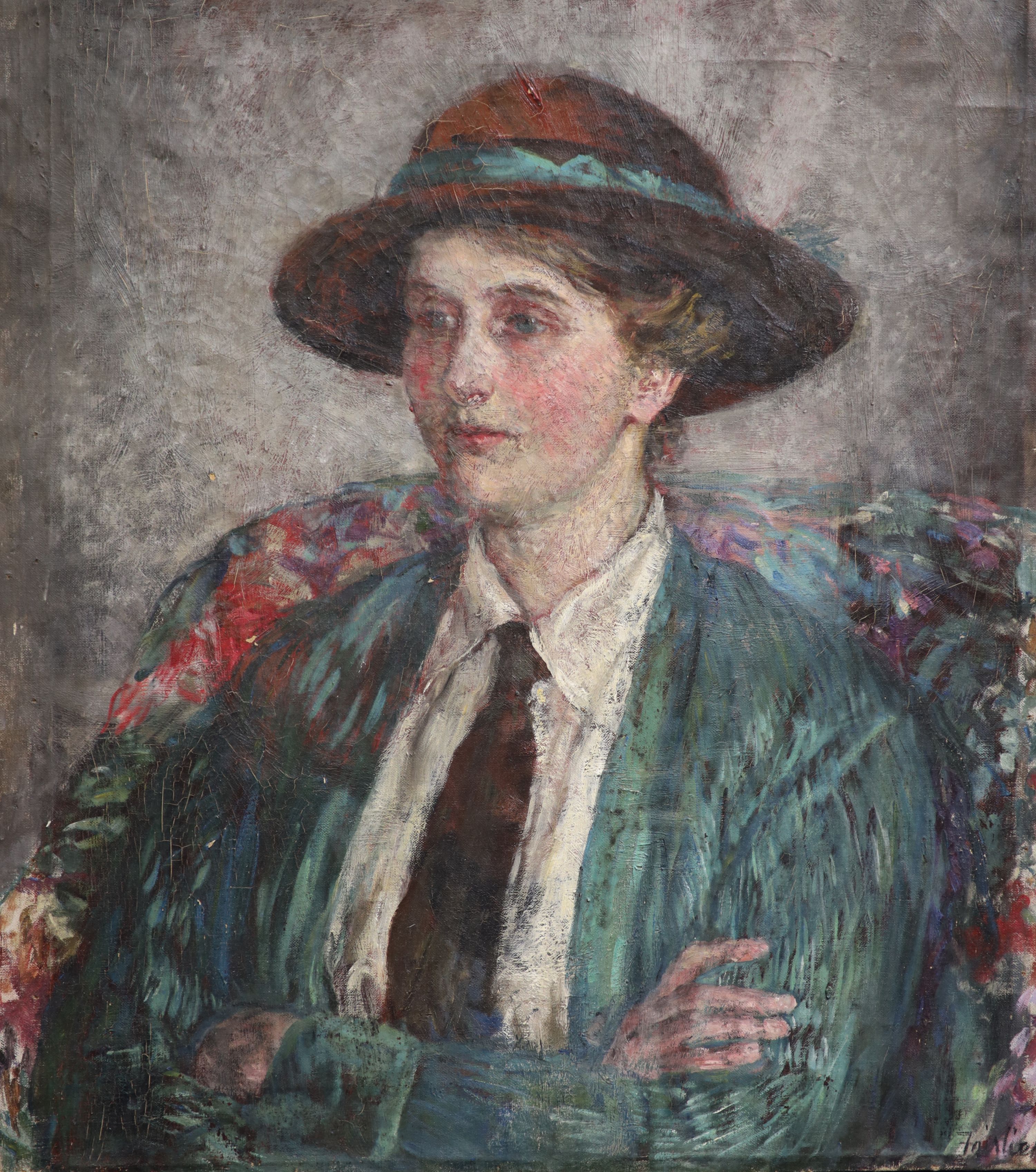 Fairlie Harmar (1876-1945), Half length portrait of the artist's sister, Phyllis Harmar in a hat, oil on canvas, 66 x 58cm, unframed